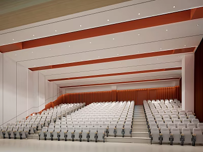 Large Conference Room With Neatly Arranged White Seats Steps And Red Decorative Strips 3d model