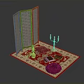 Traditional Room Decor With Wooden Screen Red Rug Cushions Candle Holder And Books