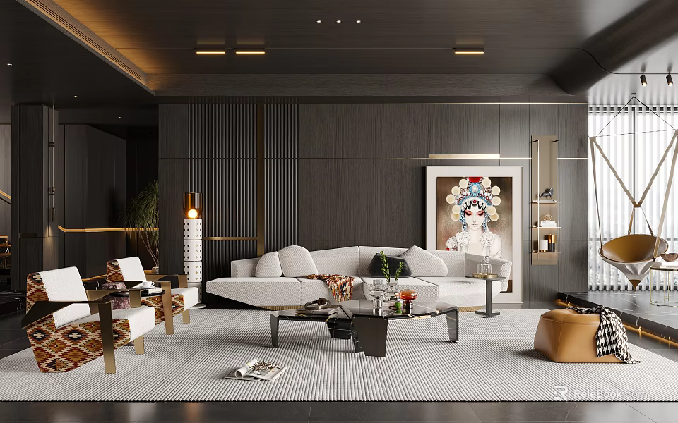 Modern Living Room Interior With Grey Sofa Coffee Table Artwork And Area Rug 3d model 