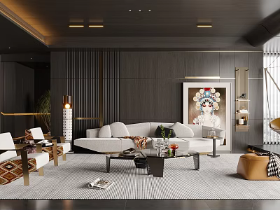 Modern Living Room Interior With Grey Sofa Coffee Table Artwork And Area Rug 3d model