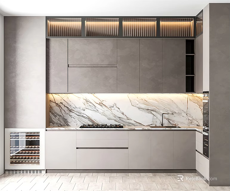 Modern Gray Kitchen Interior With Sleek Cabinets Marble Backsplash And Recessed Lighting 3d model 