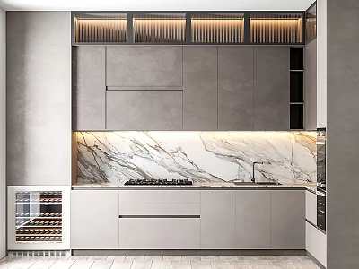 Modern Gray Kitchen Interior With Sleek Cabinets Marble Backsplash And Recessed Lighting 3d model
