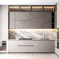 Modern Gray Kitchen Interior With Sleek Cabinets Marble Backsplash And Recessed Lighting 3d model