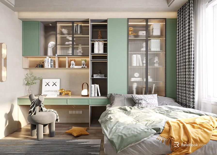 Tatami Bedroom Interior With Green Cabinets Bookshelves Window Curtains And Desk 3d model 