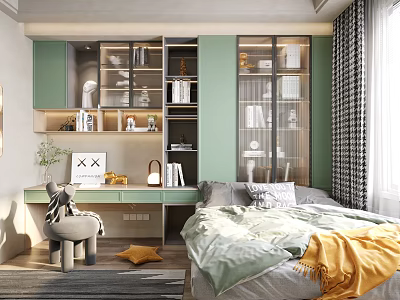 Tatami Bedroom Interior With Green Cabinets Bookshelves Window Curtains And Desk 3d model