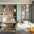 Tatami Bedroom Interior With Green Cabinets Bookshelves Window Curtains And Desk