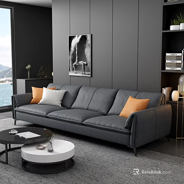 Gray Three Seater Sofa With Orange White Cushions In Modern Living Room With Wall Art 3d model 