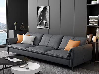 Gray Three Seater Sofa With Orange White Cushions In Modern Living Room With Wall Art 3d model