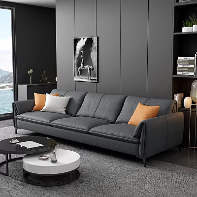 Gray Three Seater Sofa With Orange White Cushions In Modern Living Room With Wall Art 3d model