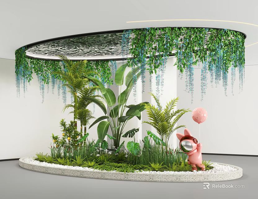 Indoor Landscape Featuring Circular Structure Hanging Green Vines Various Plants Pink Pig Decoration White Pebbles 3d model 