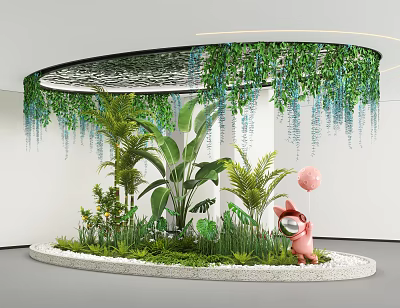 Indoor Landscape Featuring Circular Structure Hanging Green Vines Various Plants Pink Pig Decoration White Pebbles 3d model