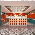 Vibrant Restaurant Interior With Orange Walls Red Seats White Tables And Crystal Chandeliers