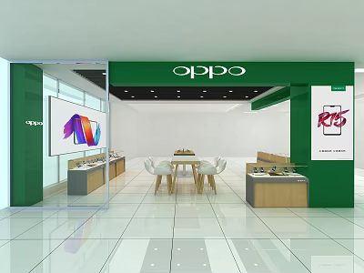 OPPO Digital Store Modern Interior Design Featuring Smartphone Displays Tables And Chairs 3d model