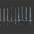 Collection of Various Decorative Swords with Ornate Hilts and Colorful Blades 3d model