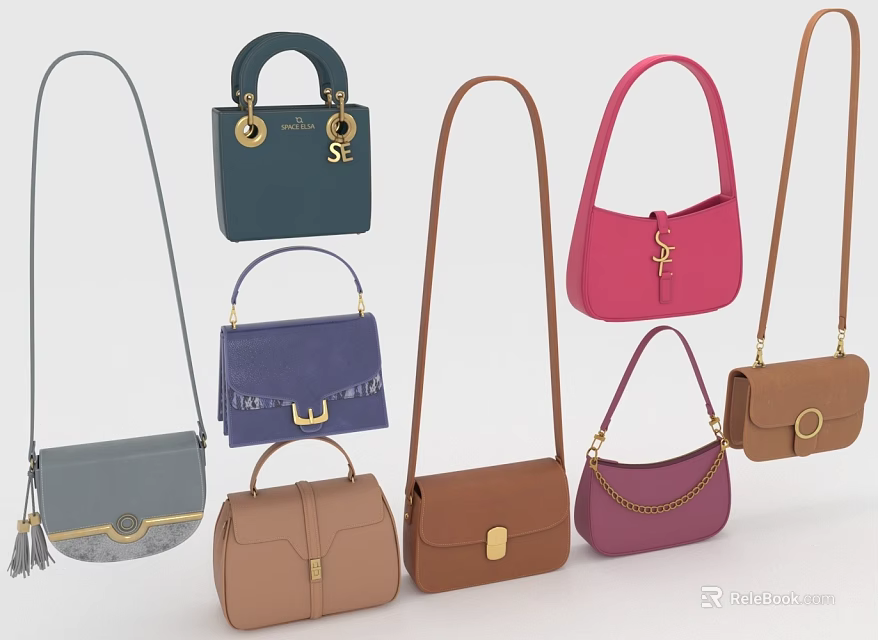 Trendy Women Bags Featuring Various Styles Colorful Designs And Metal Hardware Details 3d model 