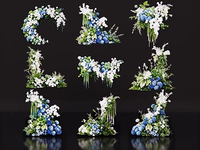 Elegant Blue And White Floral Arrangements In Decorative Vases For Home Decor 3d model