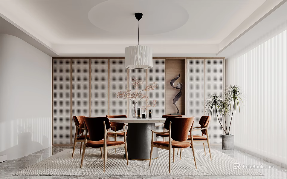 Modern Restaurant Interior With Round Dining Table Brown Chairs And Pendant Light 3d model