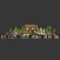 Detailed Colorful Cartoon Scene With Round Design Houses Trees Water Boats And Stone Border