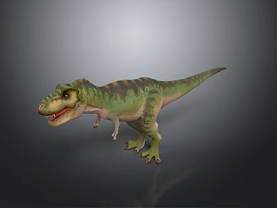 Realistic Tyrannosaurus Rex Dinosaur Model With Green Yellow Stripes Standing On Gray Background 3d model