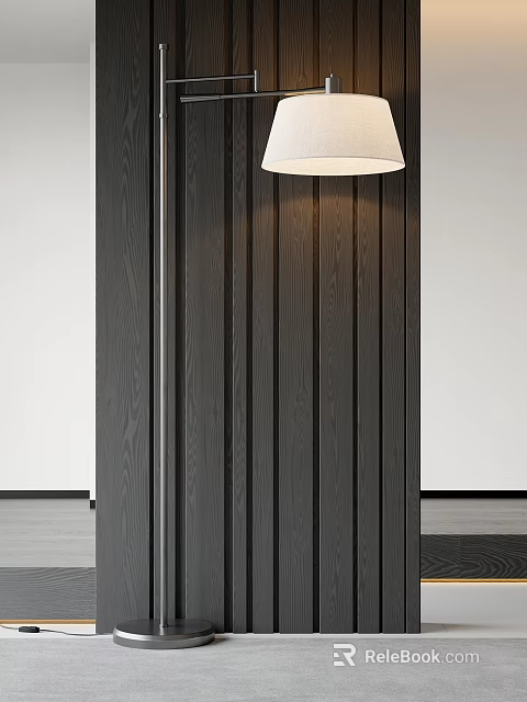 Modern Floor Lamp With White Shade Illuminating Wooden Panel Wall Interior Design 3d model 