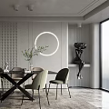 Modern Dining Table Set With Green Chairs Circular Wall Light And Decorative Plant 3d model