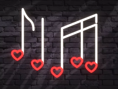 Neon Decorative Lights With White Musical Notes And Red Hearts On Black Brick Wall 3d model