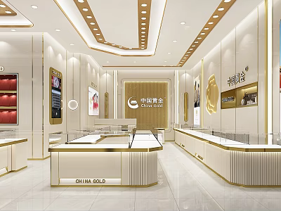 Luxurious China Gold Jewelry Store Interior With Modern Display Counters And Lighting 3d model