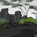 Rockery Stones With Waterfall White Horse Statue Trees Green Plants And Stone Pathway