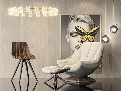 White Modern Accent Chair With Ottoman In Interior With Art Painting And Neon Light 3d model