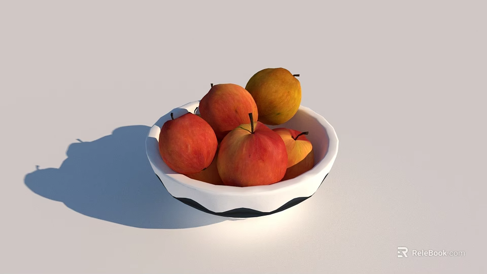 Fresh Red and Yellow Apples in White Bowl with Black Wavy Rim on Light Background 3d model 