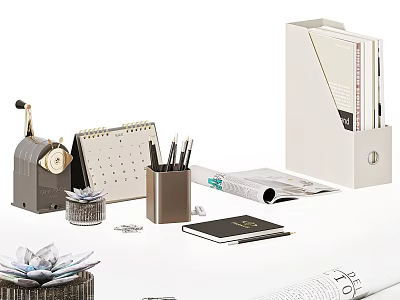 Modern Office Desk Setup With Puncher Folder Pens Notebook And Succulent Plant 3d model