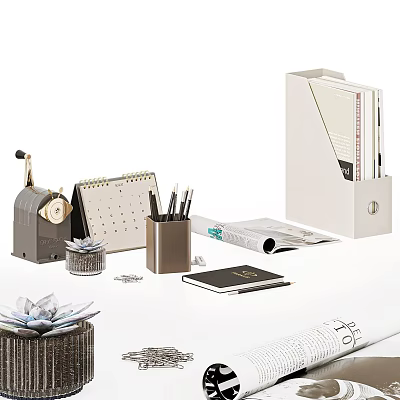 Modern Office Desk Setup With Puncher Folder Pens Notebook And Succulent Plant 3d model