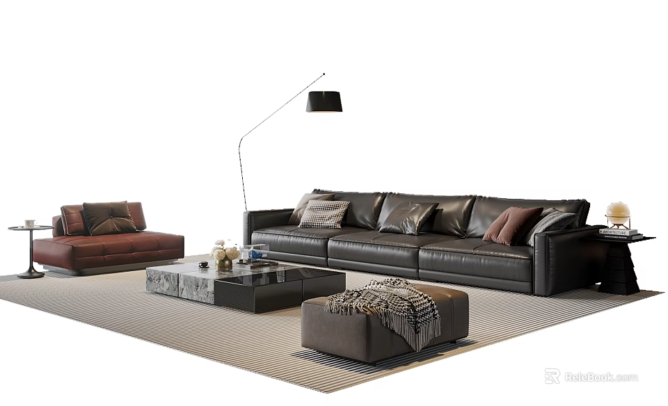 Modern Black Leather Sofa And Coffee Table Set With Brown Armchair Ottoman And Floor Lamp 3d model 