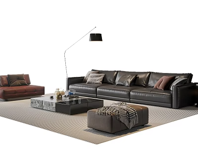 Modern Black Leather Sofa And Coffee Table Set With Brown Armchair Ottoman And Floor Lamp 3d model