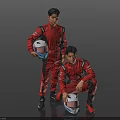 Two Men in Red Racing Suits Holding Helmets Standing And Kneeling Against Grey Background