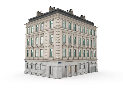 Traditional European Building Exterior Featuring Symmetrical Windows Stone Base And Chimneys 3d model