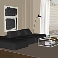 Modern Leather Sofa and Glass Coffee Table Set for Minimalist Living Room with Abstract Art