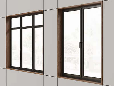 Modern Casement Windows With Black Frames And Clear Glass On White Wall 3d model