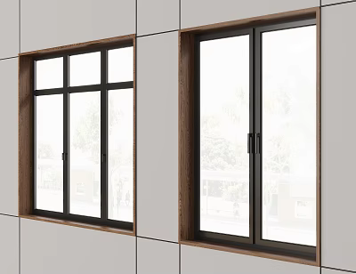 Modern Casement Windows With Black Frames And Clear Glass On White Wall 3d model