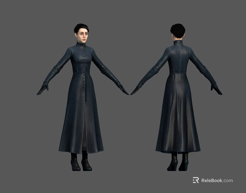 Character in Black Long Coat Front and Back Standing Pose with Black Boots 3d model 