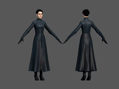 Character in Black Long Coat Front and Back Standing Pose with Black Boots 3d model