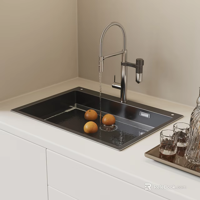 Stainless Steel Kitchen Sink With Faucet Running Water Oranges And Glasses On Countertop 3d model 