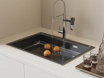 Stainless Steel Kitchen Sink With Faucet Running Water Oranges And Glasses On Countertop 3d model