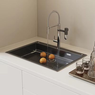 Stainless Steel Kitchen Sink With Faucet Running Water Oranges And Glasses On Countertop 3d model