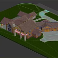 Wooden Single Family House With Multiple Gabled Roofs Green Lawn And Driveway