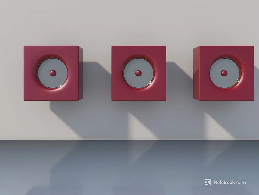 Red Square Swing Door with Silver Circular Accents on Light Colored Wall and Smooth Floor 3d model 