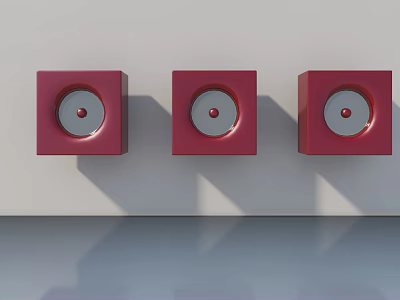 Red Square Swing Door with Silver Circular Accents on Light Colored Wall and Smooth Floor 3d model