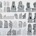 Artistic Stone and Wood Sculptures Featuring Lion Statues and Decorative Carvings