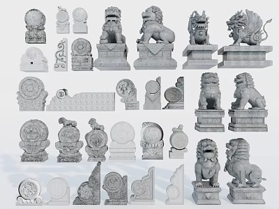 Artistic Stone and Wood Sculptures Featuring Lion Statues and Decorative Carvings 3d model