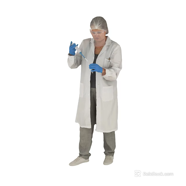 Woman in White Lab Coat Wearing Blue Gloves Holding Test Tube in Hand 3d model 